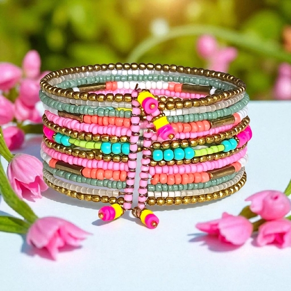 🆕️ Boho Chic Indian Artisanal 🌷Neon-Pastel Beaded Handcrafted Stacked Bracelet - Picture 12 of 14